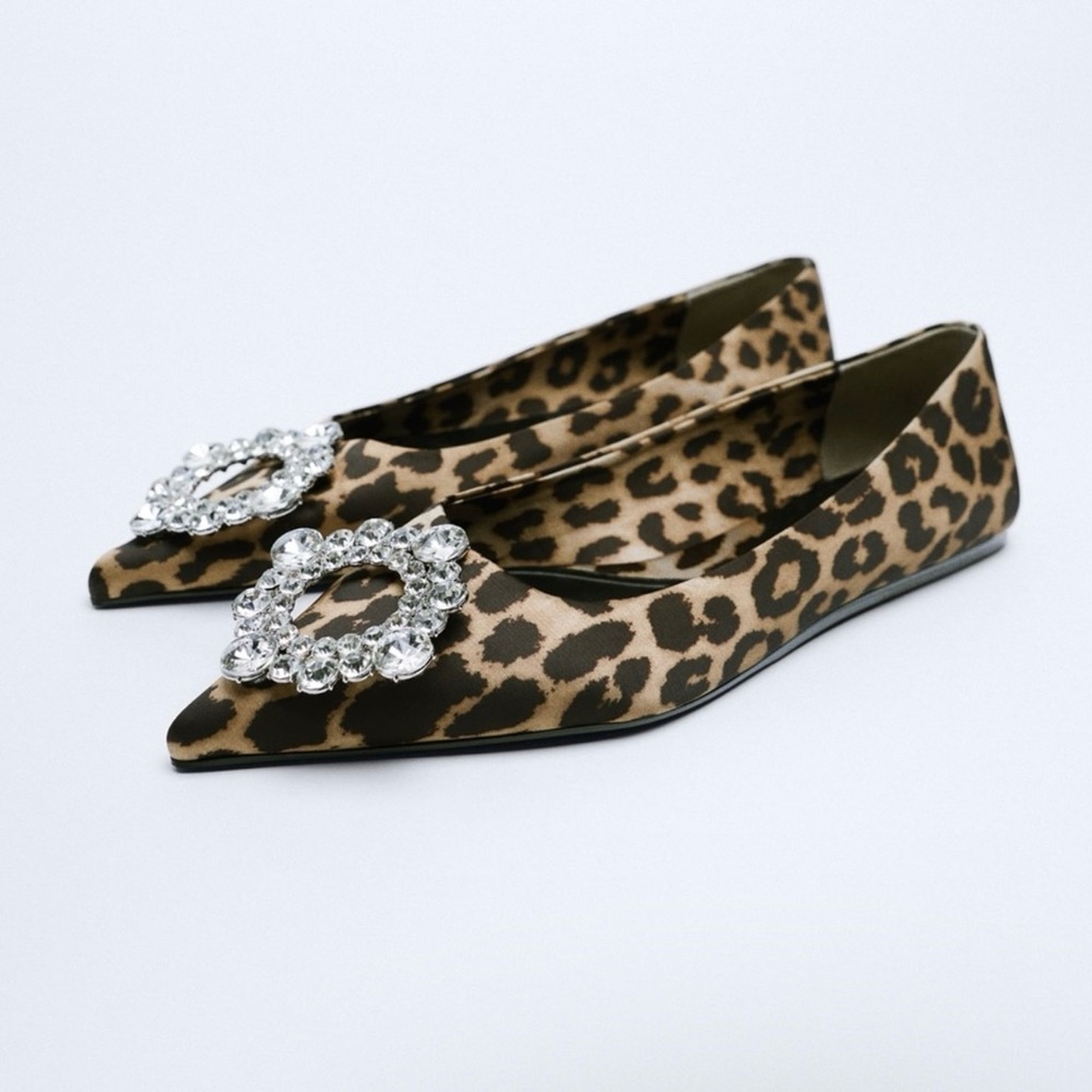 ZARA Embellished Satin Leopard Print Pointy Toe Flats